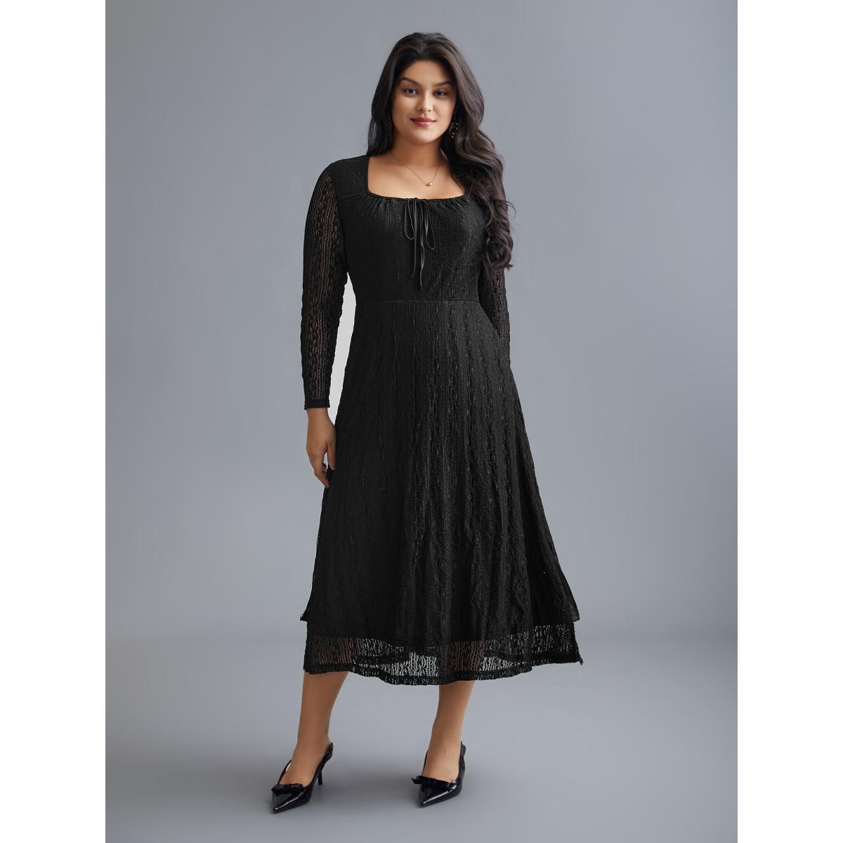 Plus Size Lace Panel Square Neck Tie Knot Dress Black Women Elegant Tie knot Square Neck Long Sleeve Curvy BloomChic 12/L Product Image