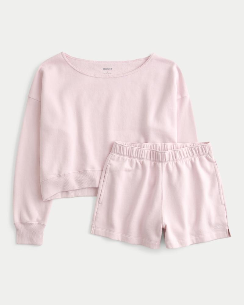 Easy Off-the-Shoulder Sweatshirt & Fleece Shorts Set Product Image