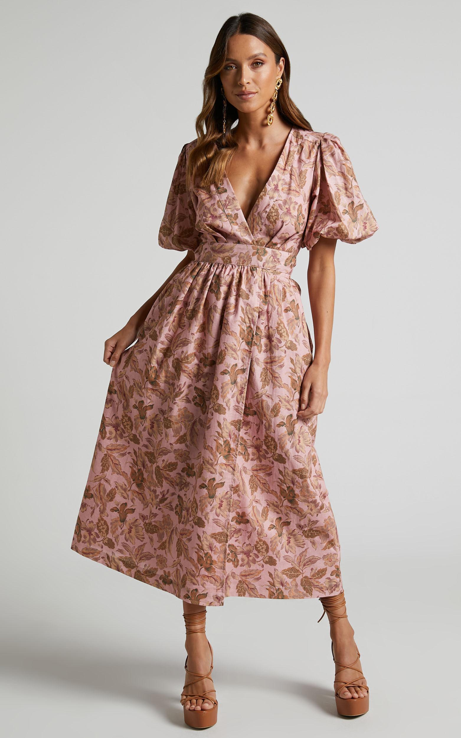 Amalie The Label - Franc Linen Puff Sleeve Wrap Midi Linen Dress in Vahala Print Product Image