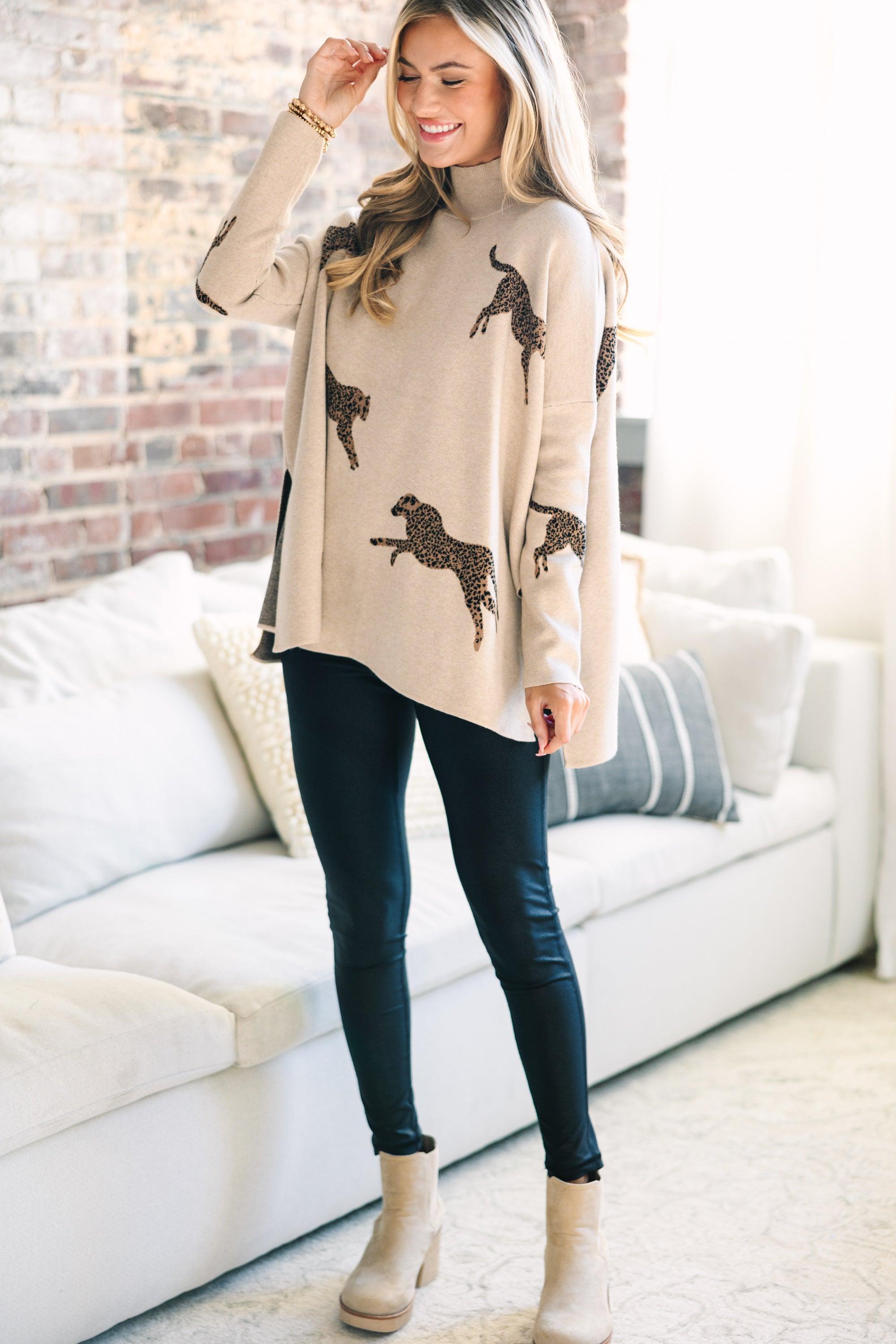 Quick Decisions Oatmeal Brown Cheetah Sweater Female Product Image