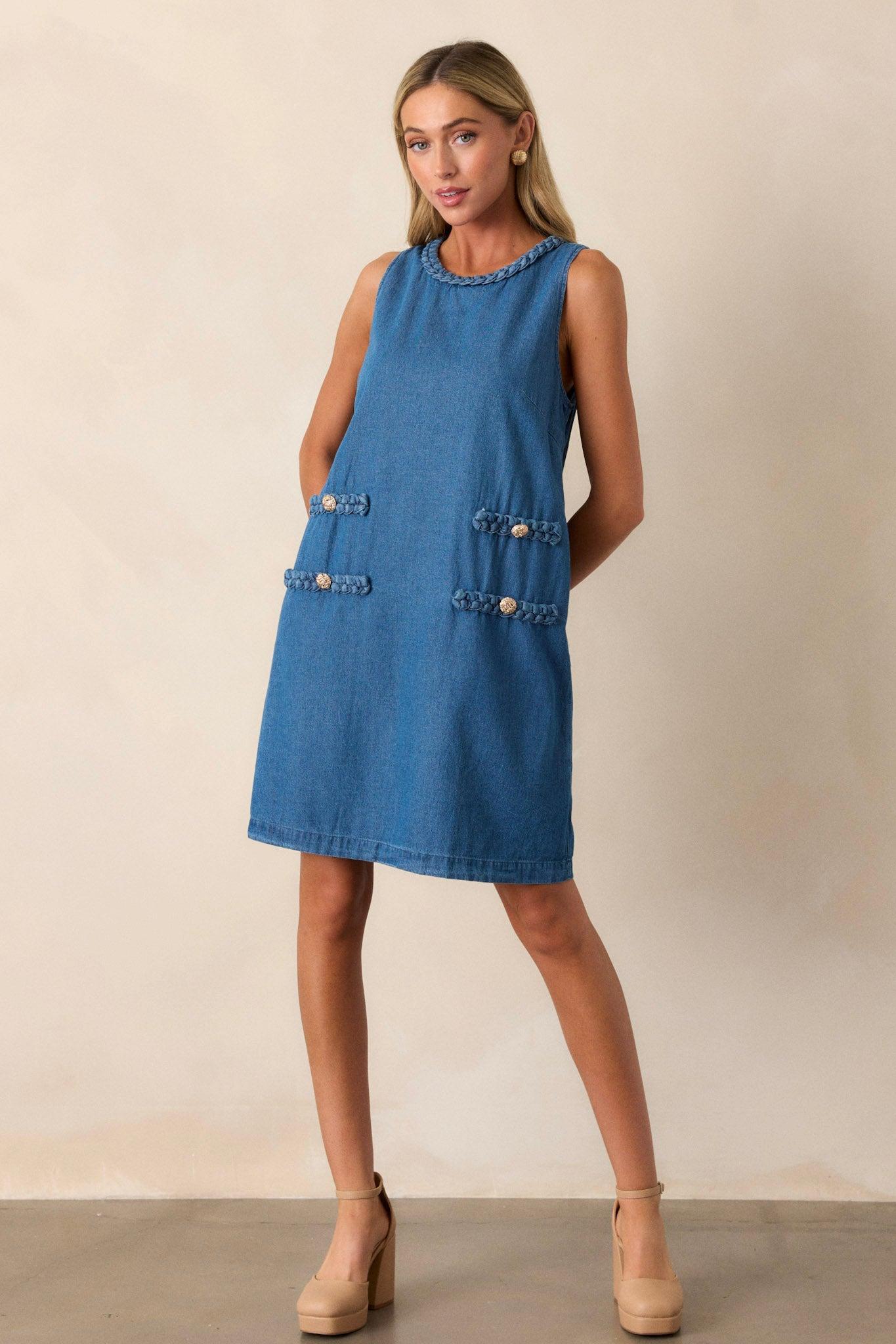 Chic Charm Cotton Medium Wash Chambray Mini Dress Product Image