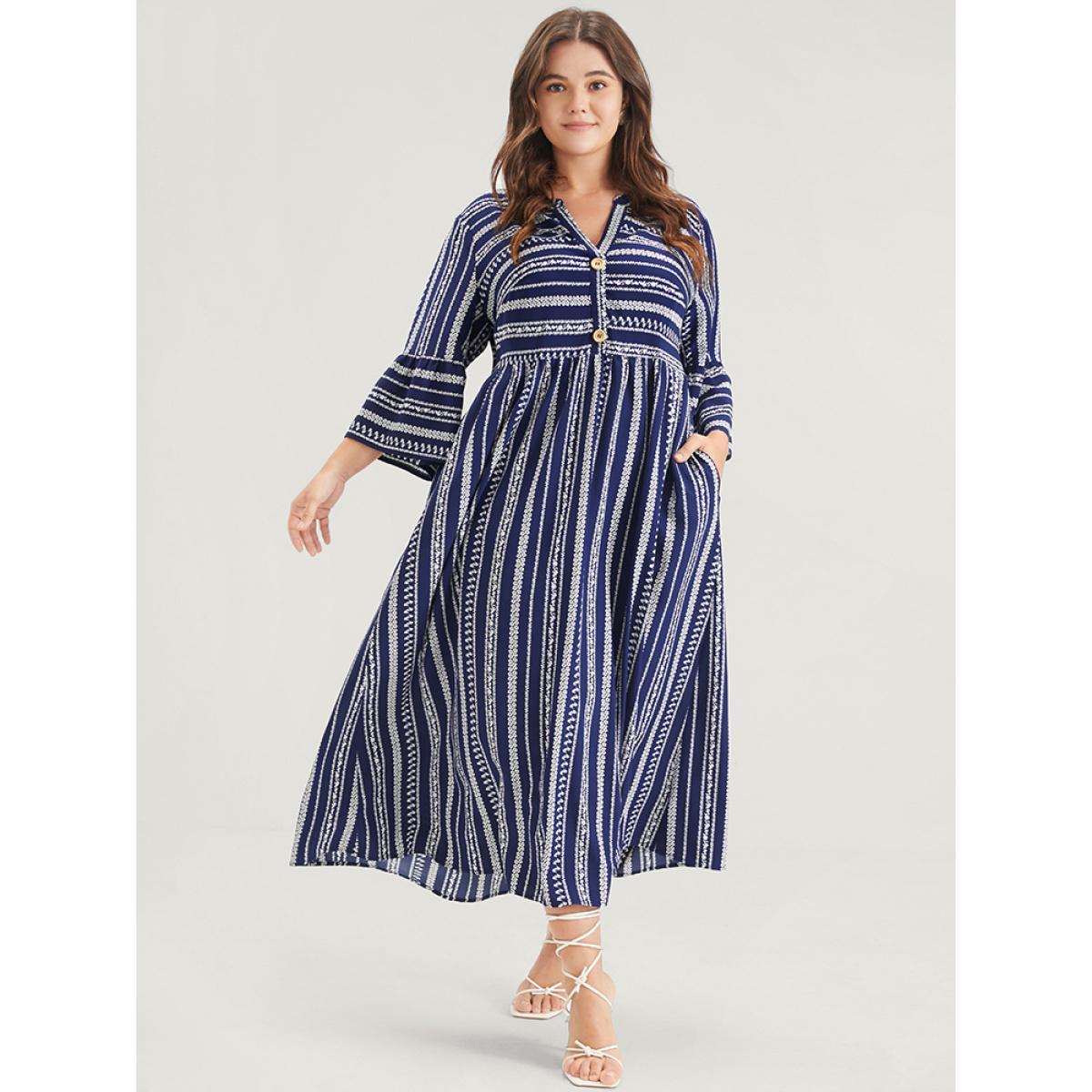 Plus Size Striped Ruffles Button Pocket Bell Sleeve Maxi Dress DarkBlue Women Casual Printed V-neck Elbow-length sleeve Curvy Midi Dress BloomChic 22-24/3X Product Image