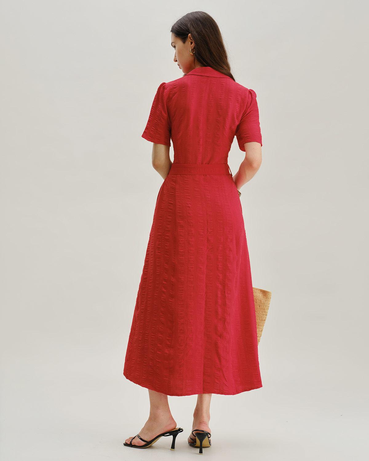 Red Belted A-Line Midi Dress Product Image