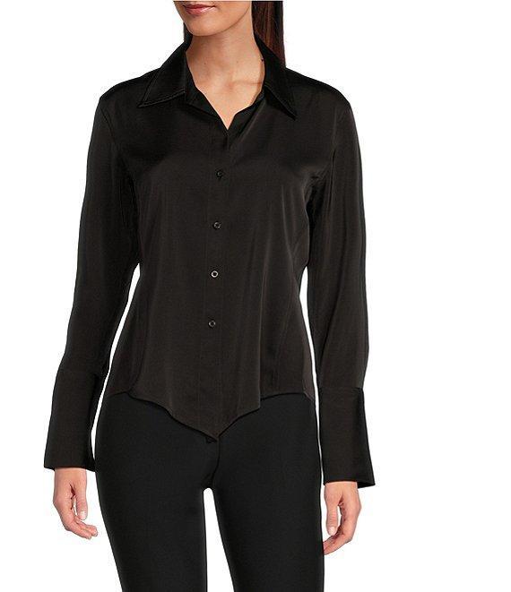Donna Karan Spread Collar Long Sleeve Pointed Hem Button Down Blouse Product Image