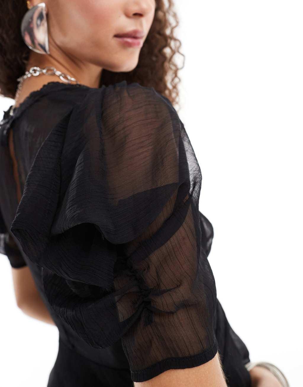 Reclaimed Vintage tea blouse top in black with lace detail Product Image