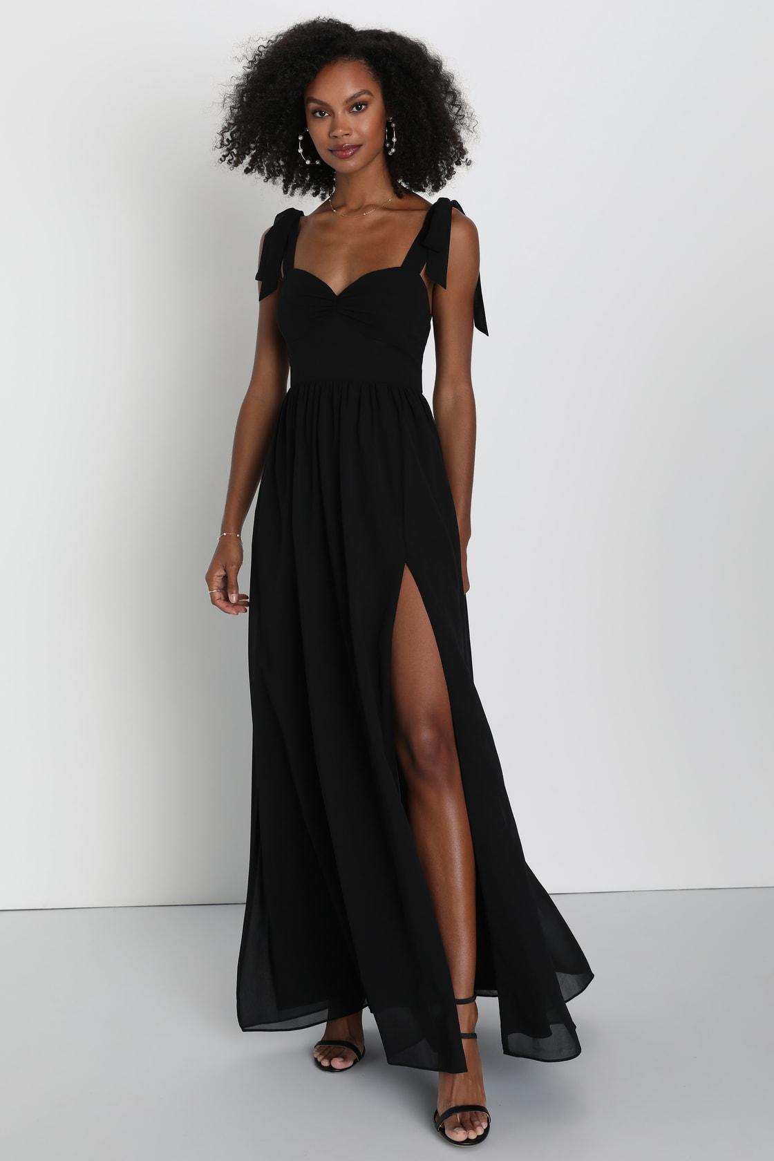 Radiant Charisma Black Chiffon Ruched Tie-Strap Maxi Dress Product Image