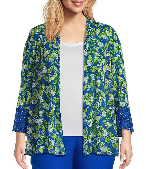 Multiples Plus Size Blue Print Onionskin Shawl Neck 3/4 Flounce Sleeve Open-Front Jacket Product Image
