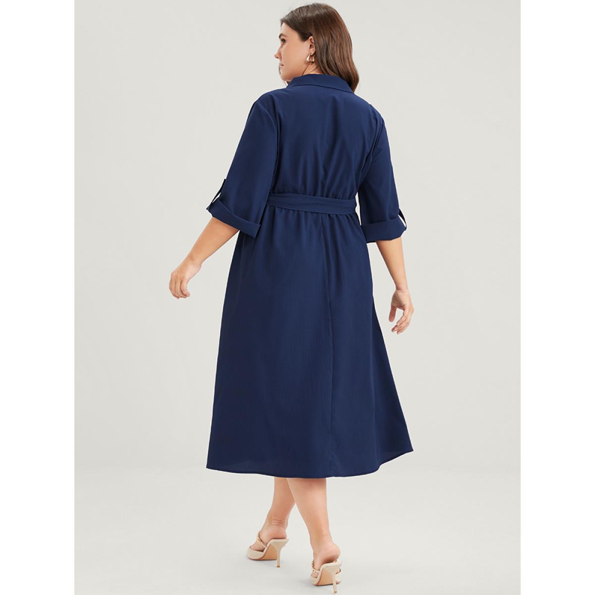 Plus Size Plain Button Cuffed Sleeve Pocket Belted Lapel Collar Dress DarkBlue Women Office Belted Lapel Collar Elbow-length sleeve Curvy Midi Dress BloomChic 26/4X Product Image