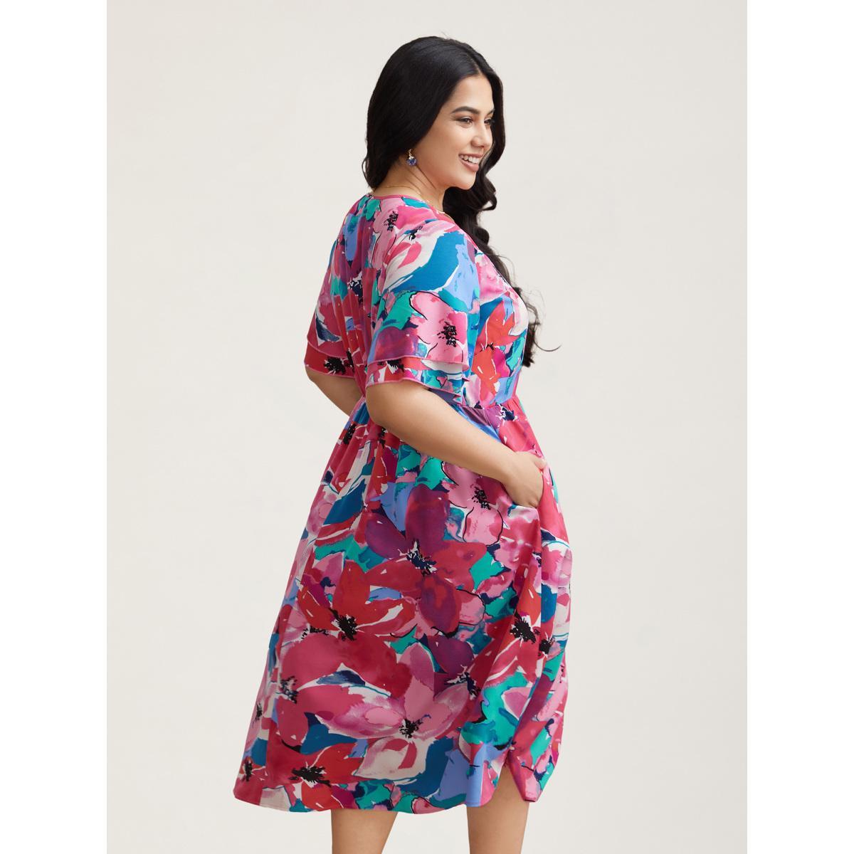 Plus Size Multi-Color Floral V-Neck Pockets Midi Dress Skyblue Women Elegant Ruffles V-neck Short sleeve Curvy BloomChic 12/L Product Image
