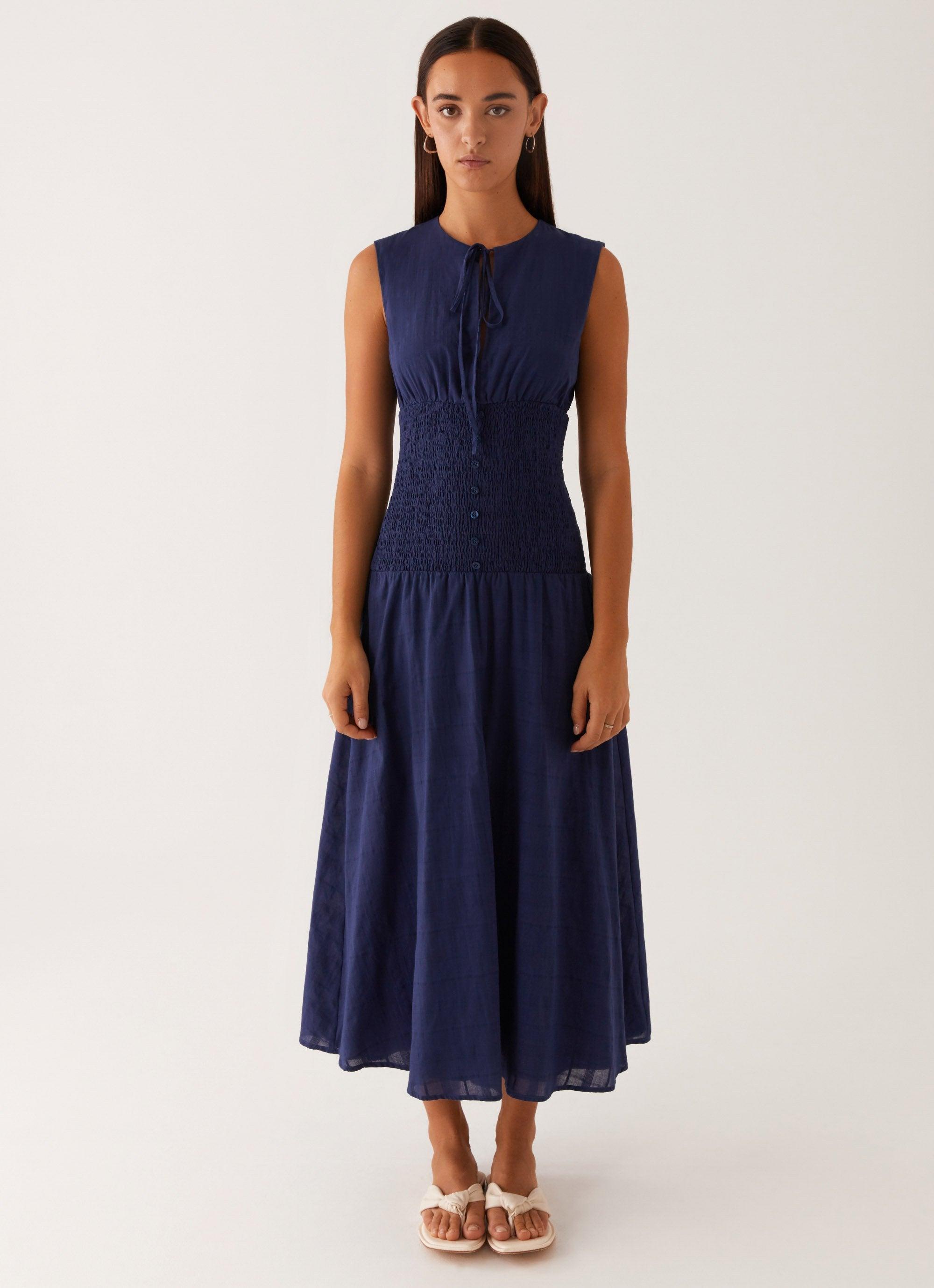 Belle Shirred Waist Midi Dress - Navy Product Image