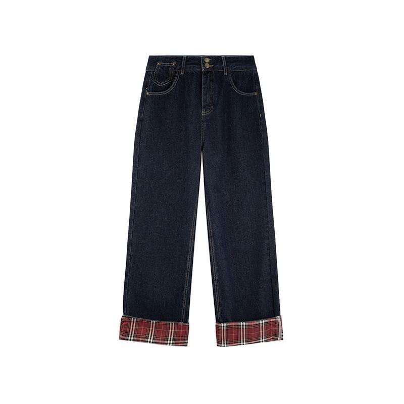 Plus Size High Rise Plaid Lining Wide Leg Jeans Product Image