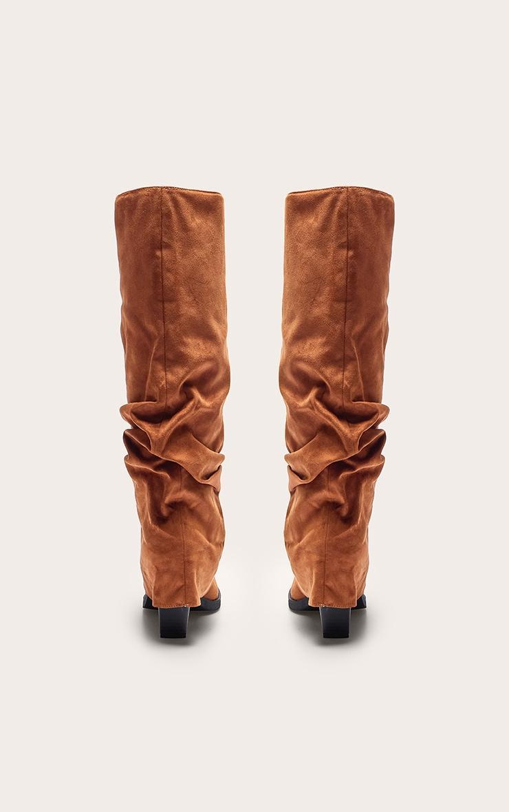 Tan Faux Suede Point Toe Fold Over Block Heel Knee High Boots Product Image