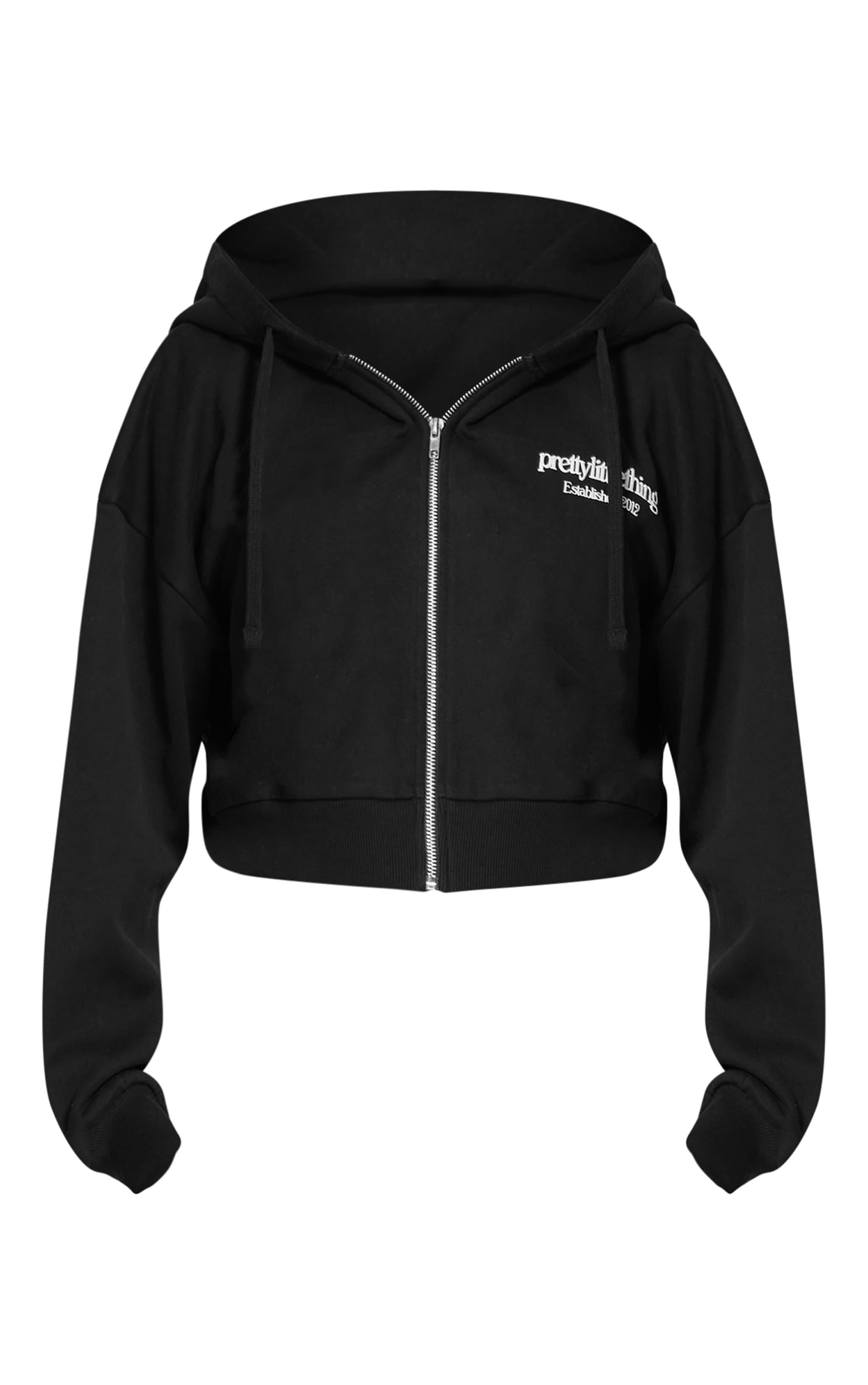 PRETTYLITTLETHING Black Premium Print Zip Front Hoodie Product Image