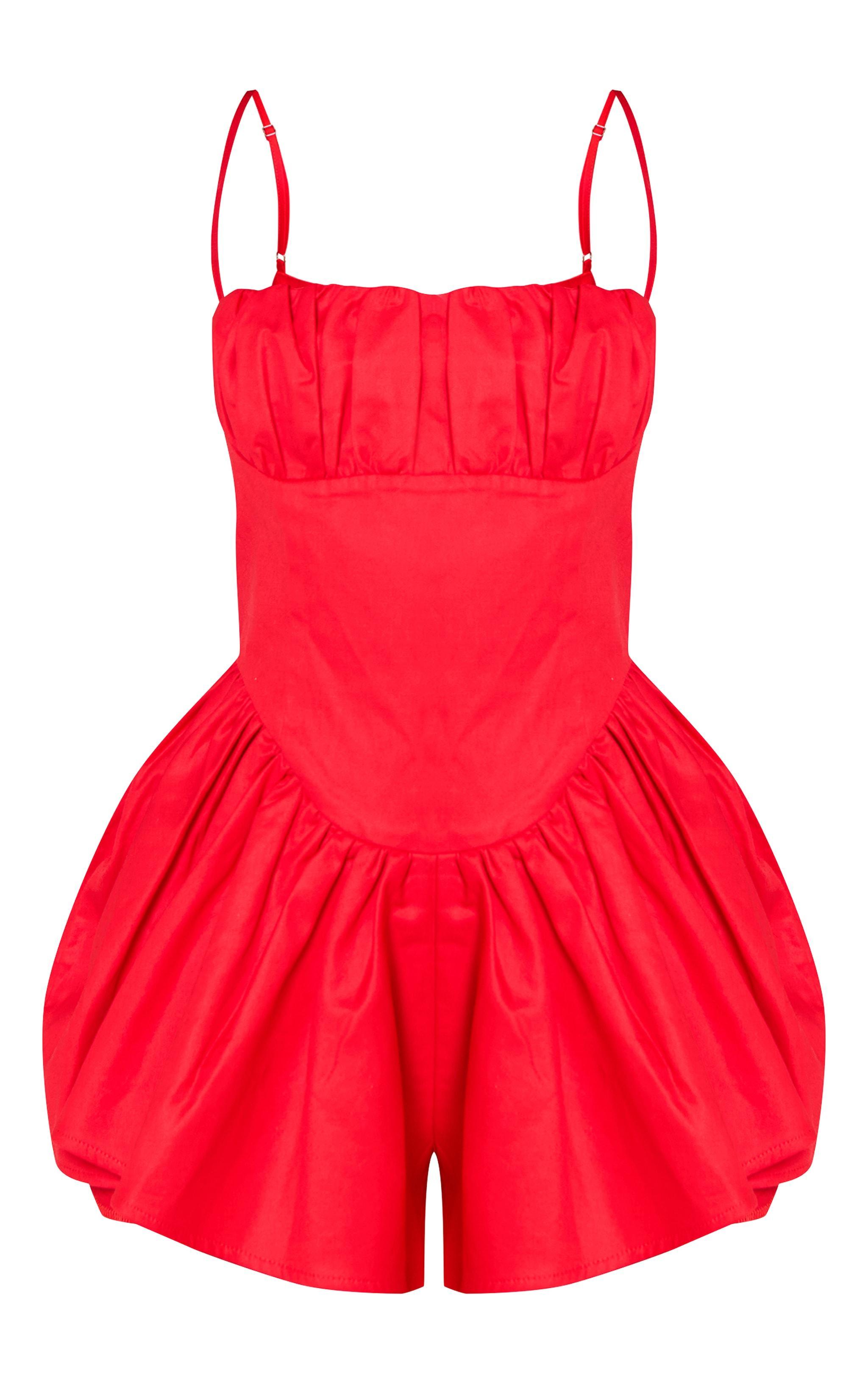 Red Woven Dipped Waist Strappy Romper Product Image