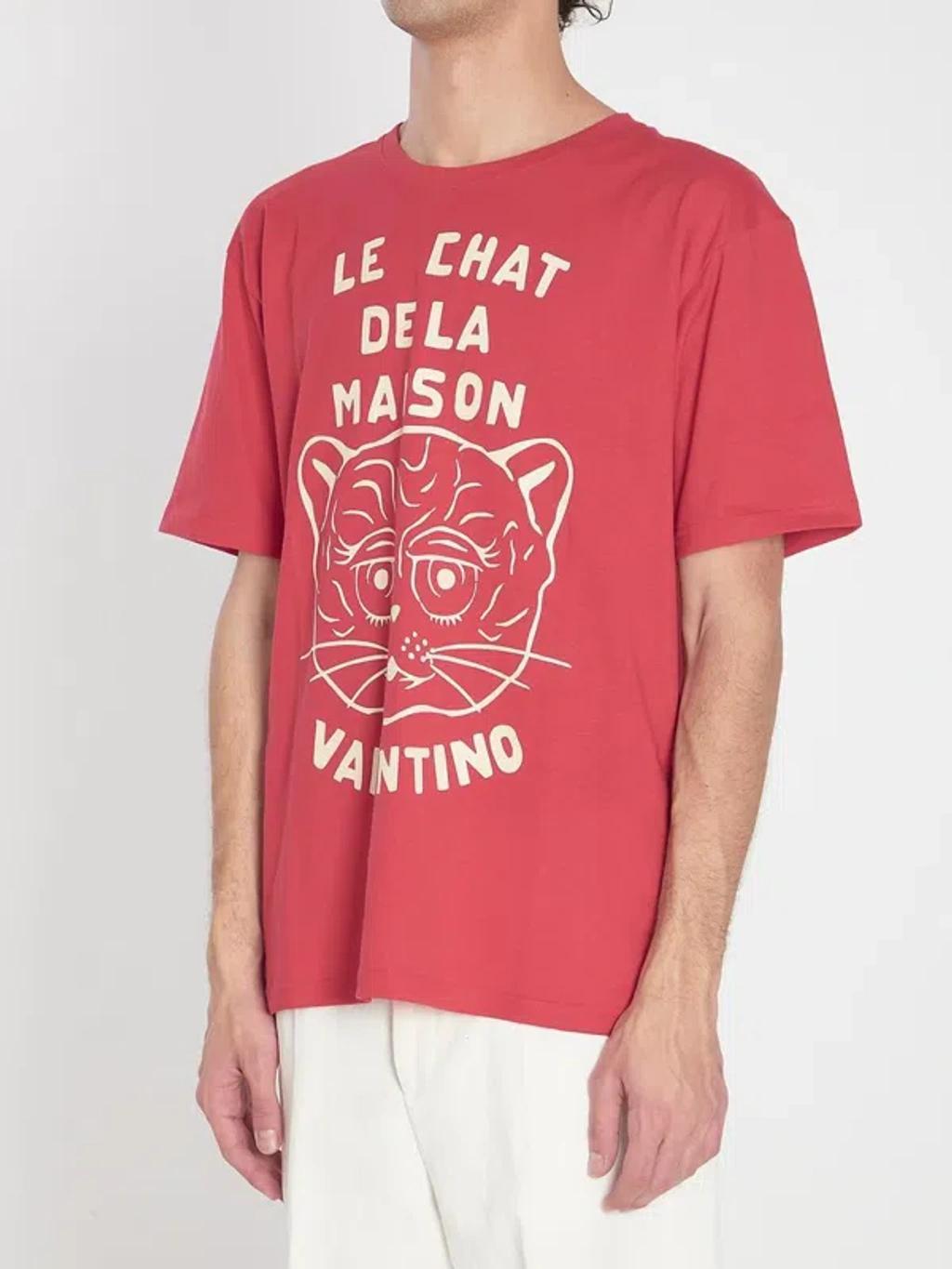 VALENTINO Graphic Print House Cat Crew Neck T-shirt In Red Product Image