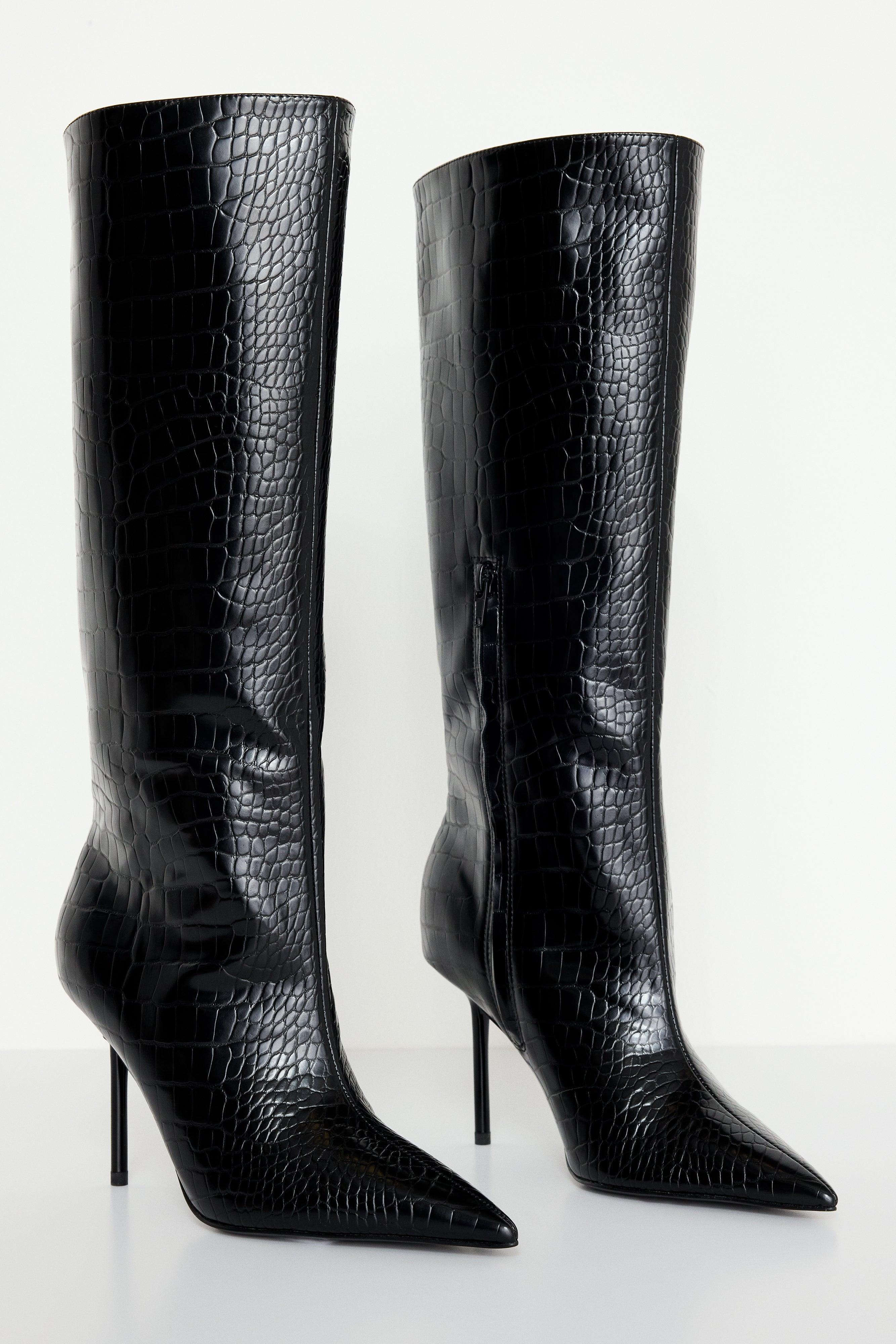 KNEE HIGH CROCODILE BOOT | BLACK001 Product Image