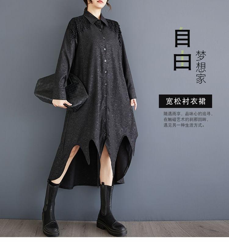 Long-Sleeve Jacquard Asymmetrical Midi Shirt Dress Product Image