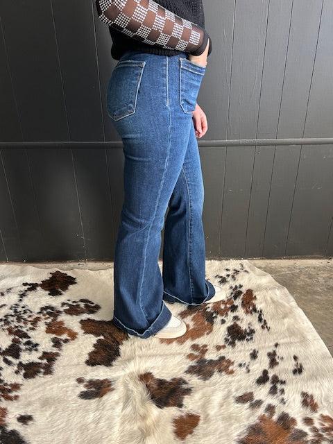 High Rise Flare Front Patch Pocket Dark Wash Jeans Product Image