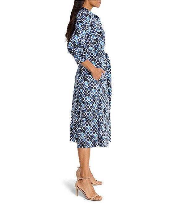 NIC + ZOE Blue Bauble Print Front Button Collar 3/4 Sleeve Shirt Midi Dress Product Image