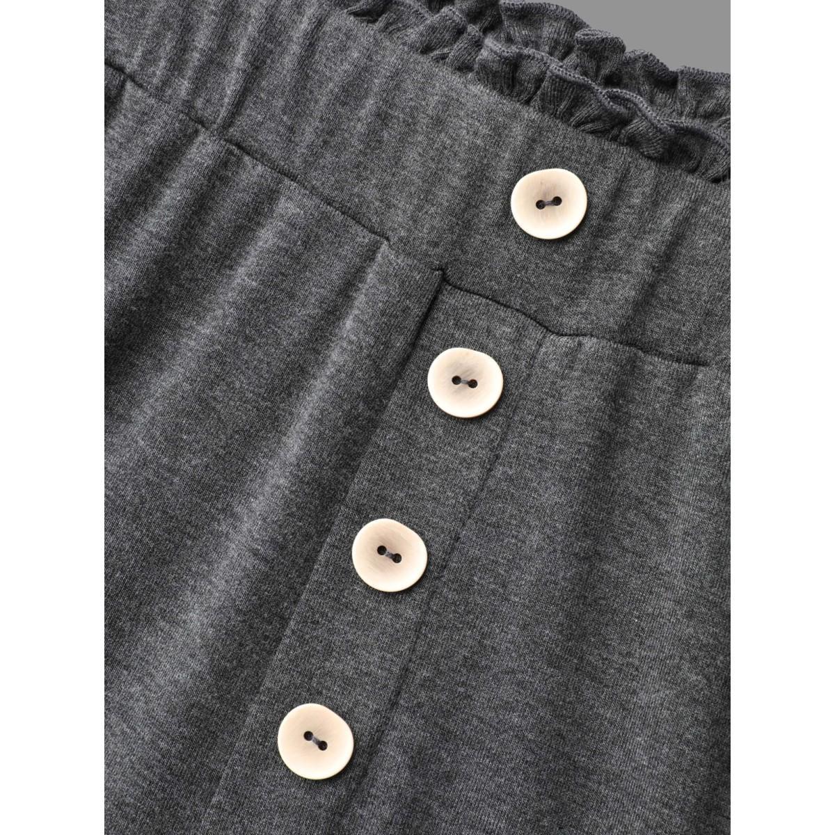 Plus Size Button-Front Ruffled Waist Stretchy Pants Women DimGray Casual Wide Leg Mid Rise Everyday Pants BloomChic 26/4X Product Image