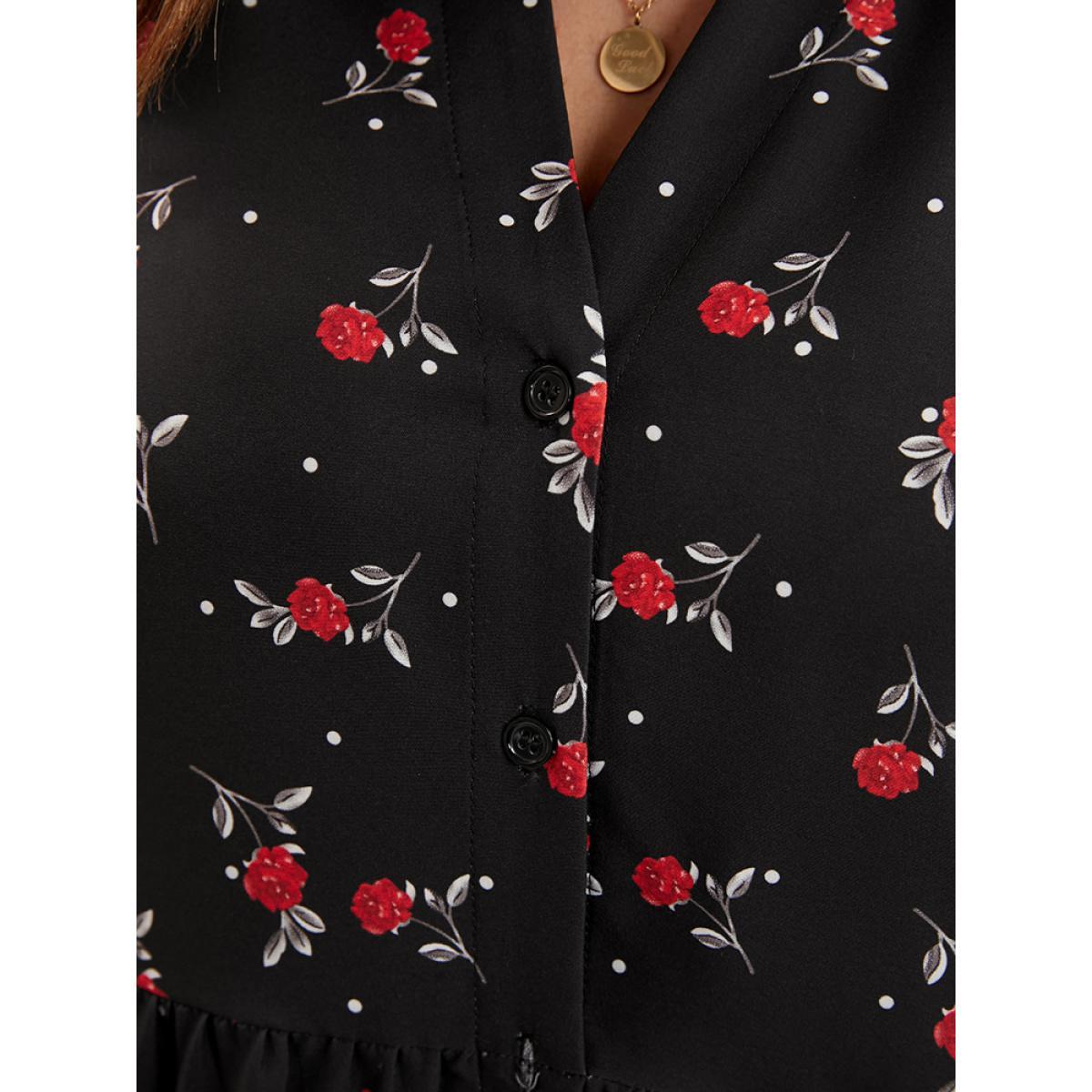 Plus Size Midnight Floral Print Button Up High Low Hem Blouse Women Elegant Long Sleeve V-neck Dailywear Blouses BloomChic 30/6X Product Image