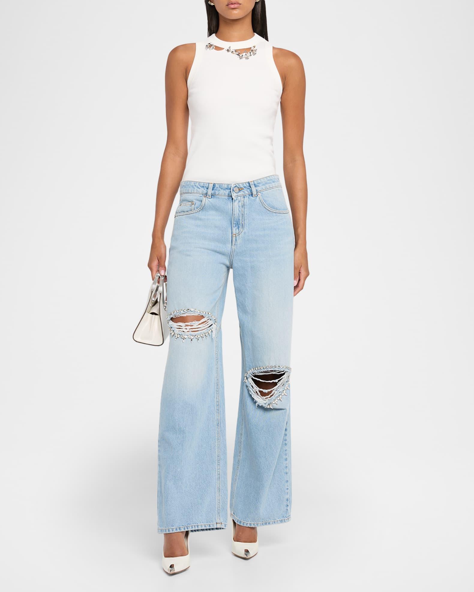 Crystal Distressed Slit Wide-Leg Jeans Product Image