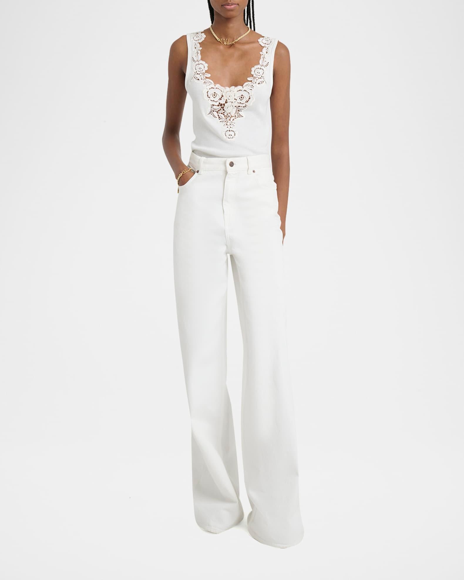 High-Rise White Denim Wide-Leg Palazzo Pants Product Image