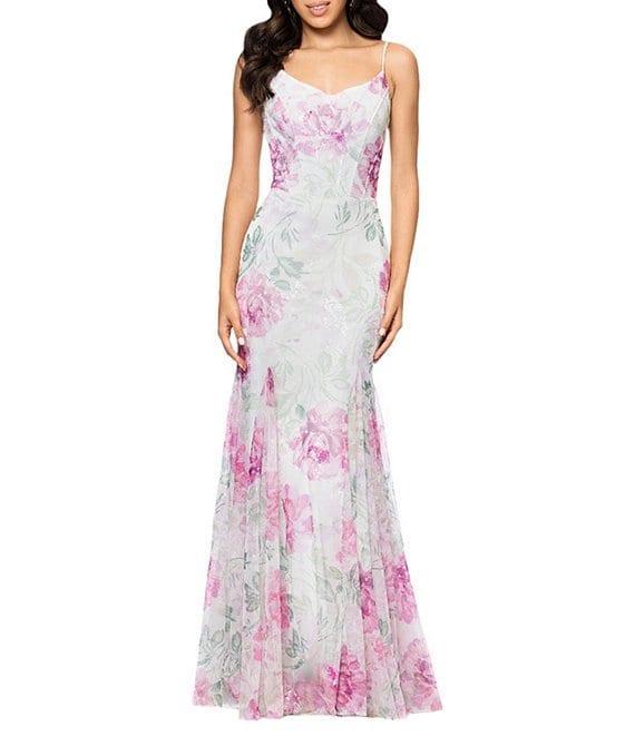 Betsy & Adam Sequin Floral Print V Neck Sleeveless Mermaid Gown Product Image