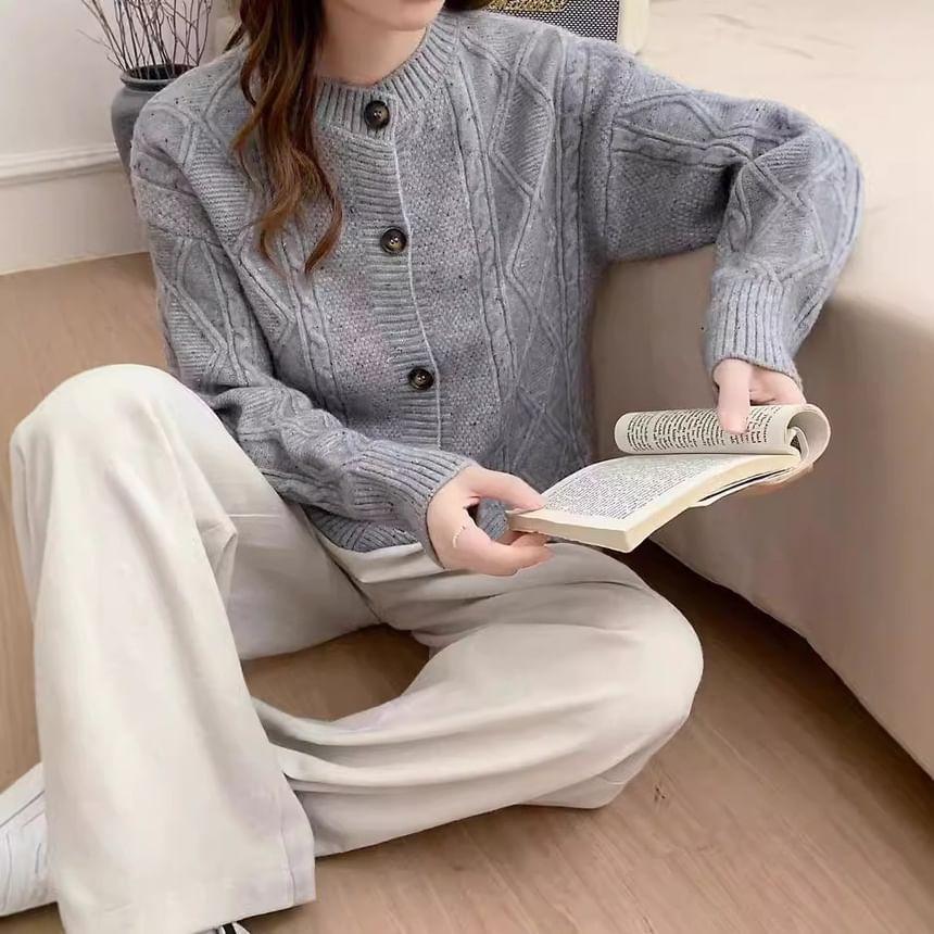 Round Neck Cable Knit Cardigan Product Image