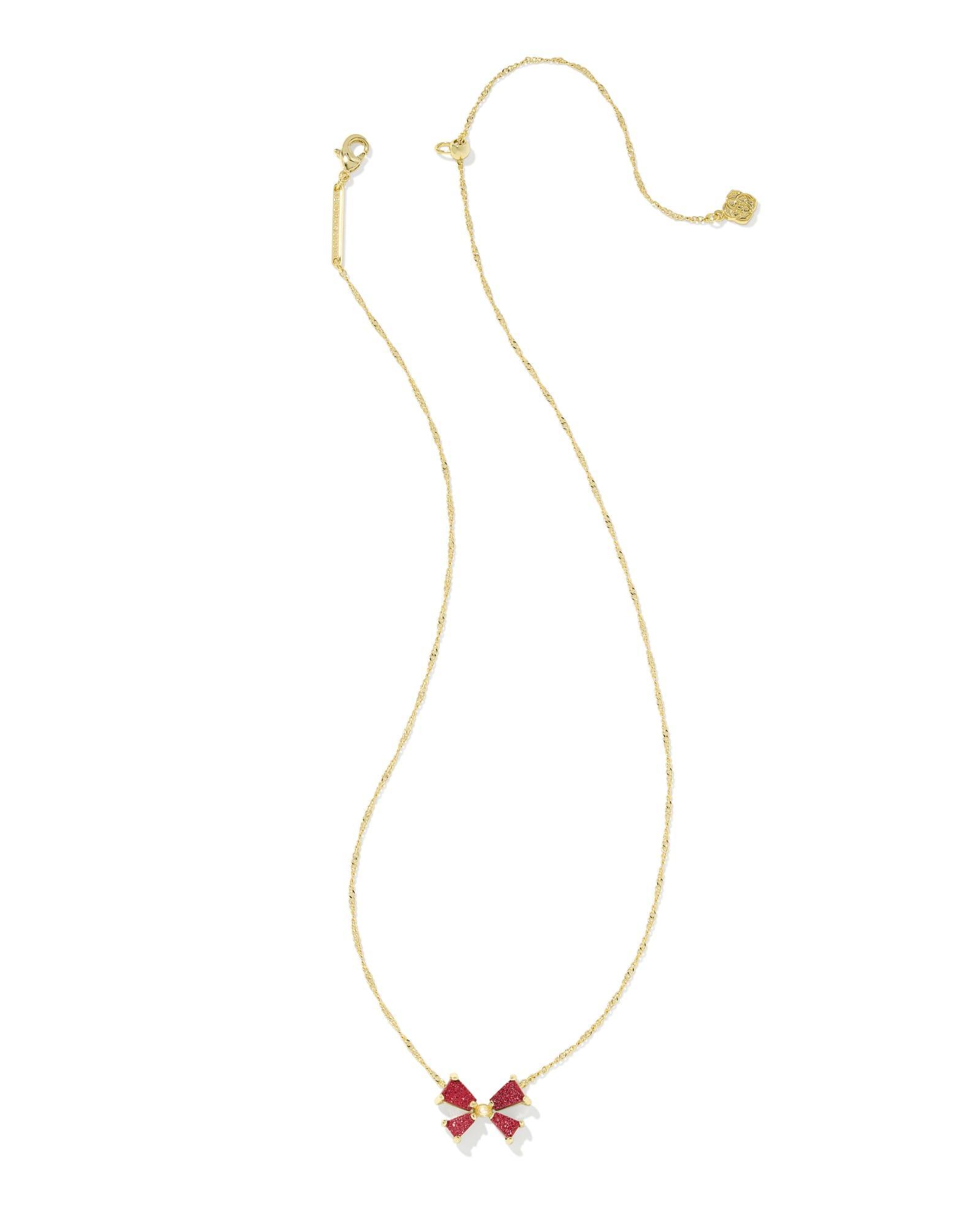 Blair Gold Bow Small Short Pendant Necklace in Bright Red Drusy Product Image