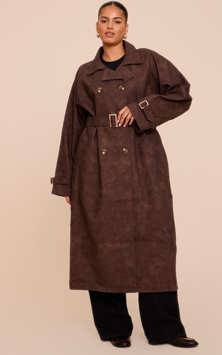 Plus Chocolate Textured Faux Leather Trench Coat Product Image