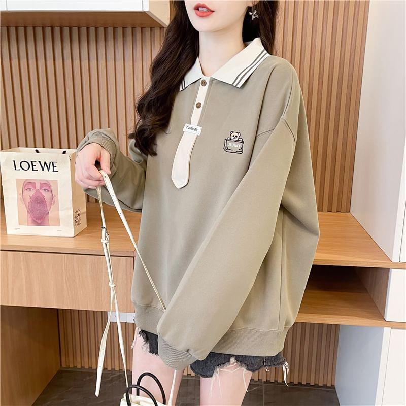 Striped Collar Cartoon Embroidered Polo Pullover Product Image