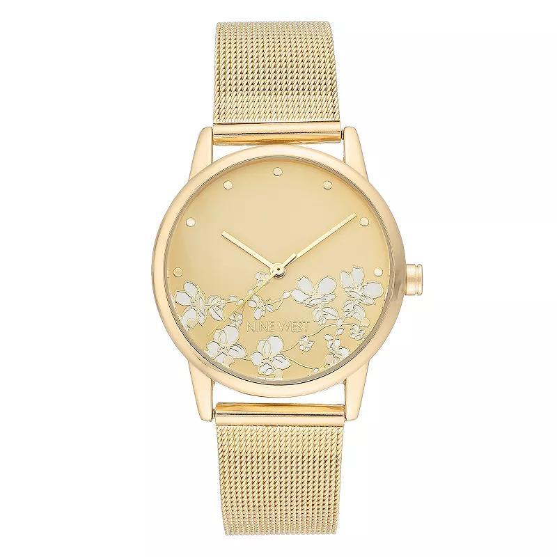 Nine West Womens Stainless Steel Mesh Bracelet Watch with Flower Dial Gold Tone Product Image