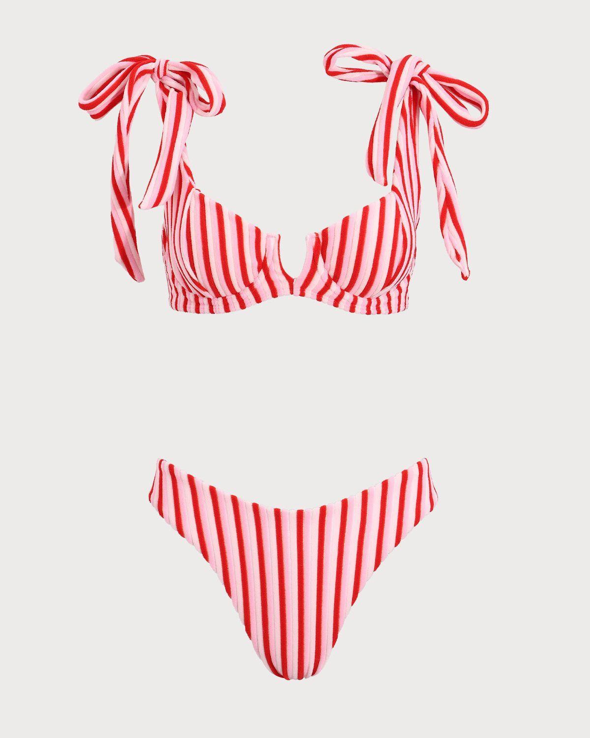 Pink Striped Tie Strap Bikini Set Product Image
