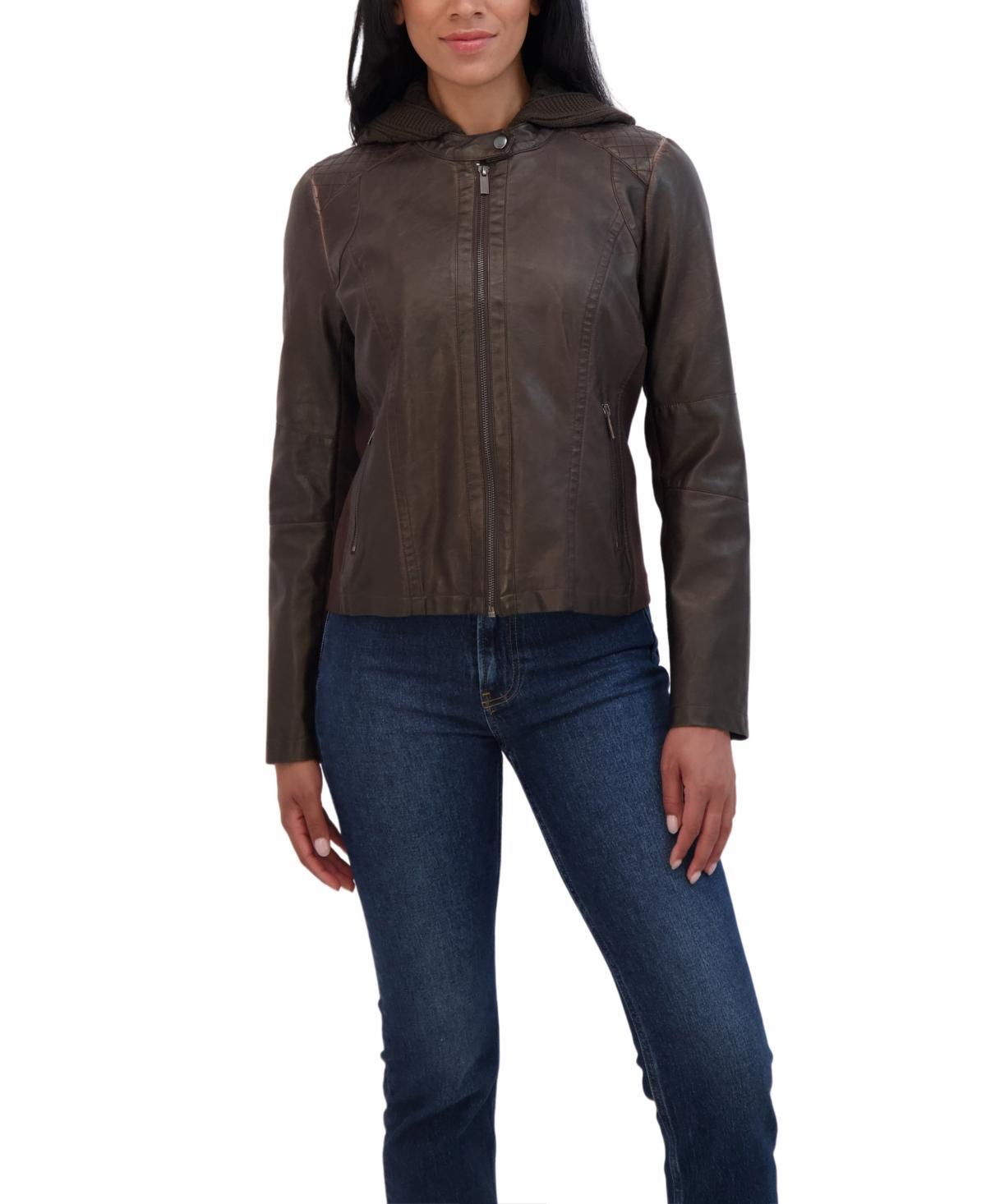 Sebby Collection Womens Garment Dyed Faux Leather Zip Front Jacket With Detachable Sweater Knit Hood Product Image