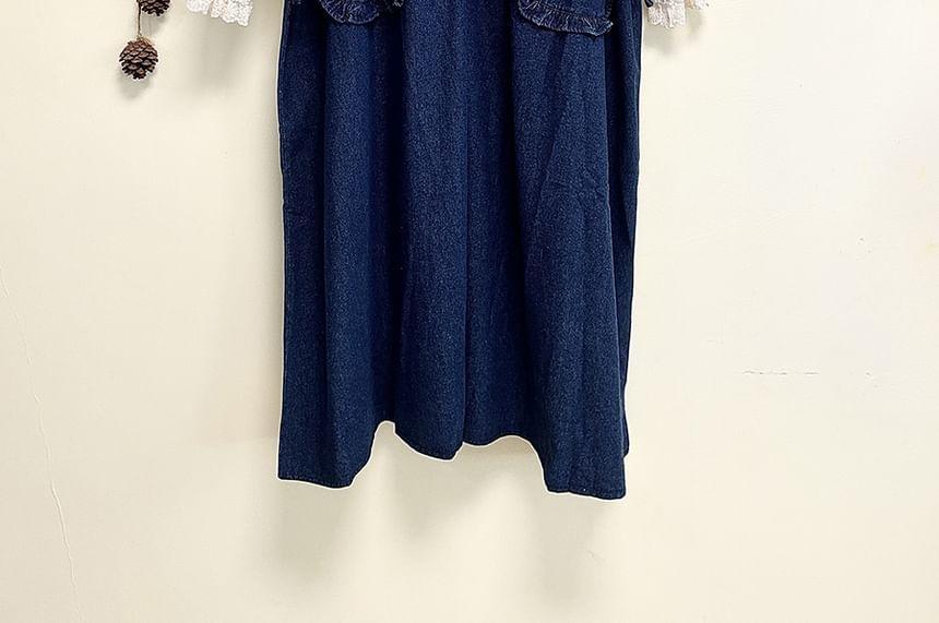 Square Neck Rabbit Embroidered Frill Trim Washed Denim Maxi Jumper Dress Product Image