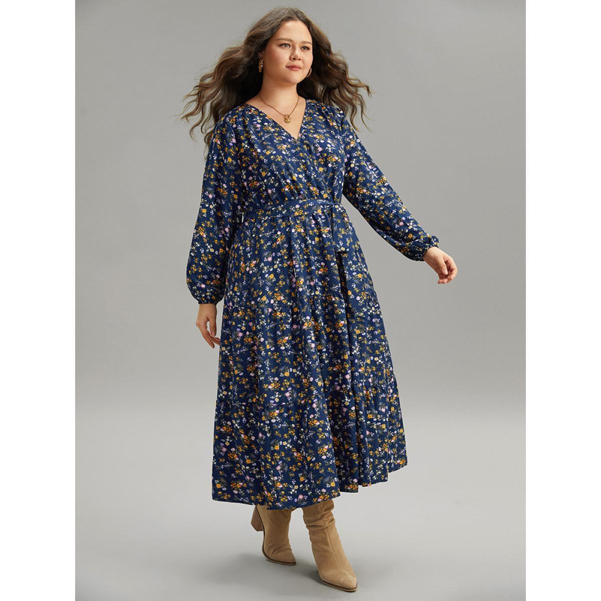 Plus Size Ditsy Floral Elastic Cuffs Surplice Neck Dress DarkBlue Women Elegant Elastic cuffs Overlap Collar Long Sleeve Curvy Midi Dress BloomChic 10/M Product Image