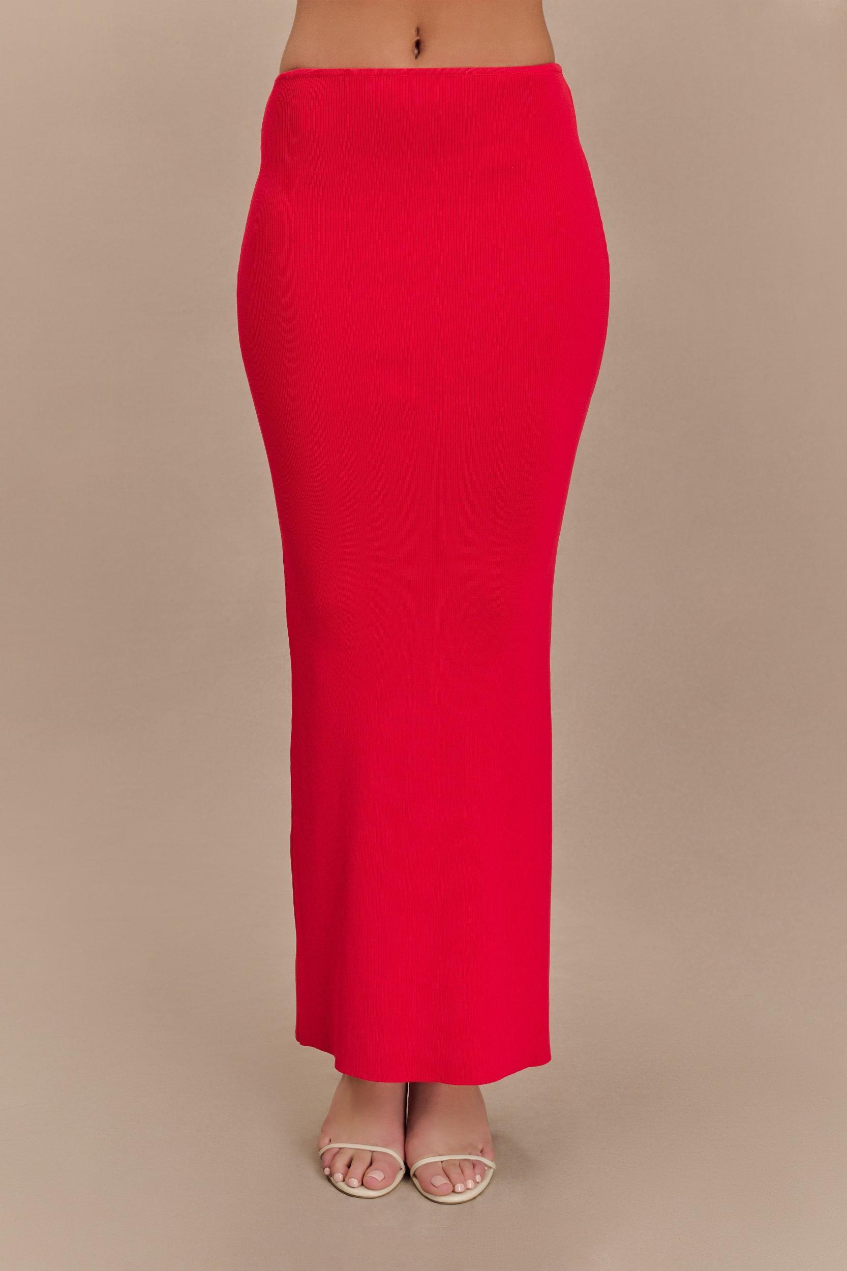 Keaton Fishtail Knit Maxi Skirt - Red Product Image