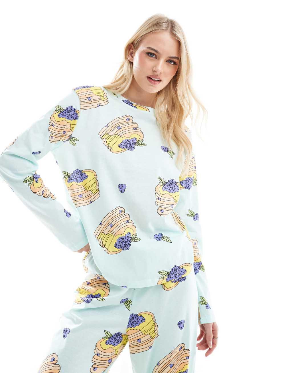 ASOS DESIGN Tall pancakes long sleeve top & pants pajama set in blue Product Image