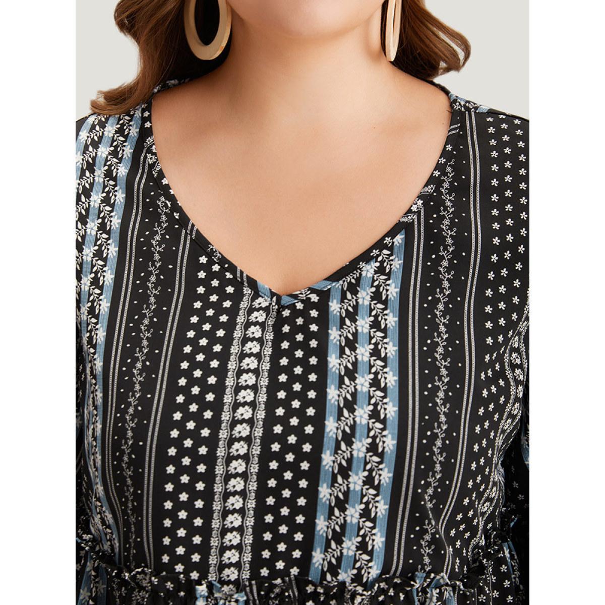 Plus Size BlackFlower Boho Print Frill Trim Ruffle Layered Hem Blouse Women Vacation Long Sleeve V-neck Vacation Blouses BloomChic 22-24/3X Product Image