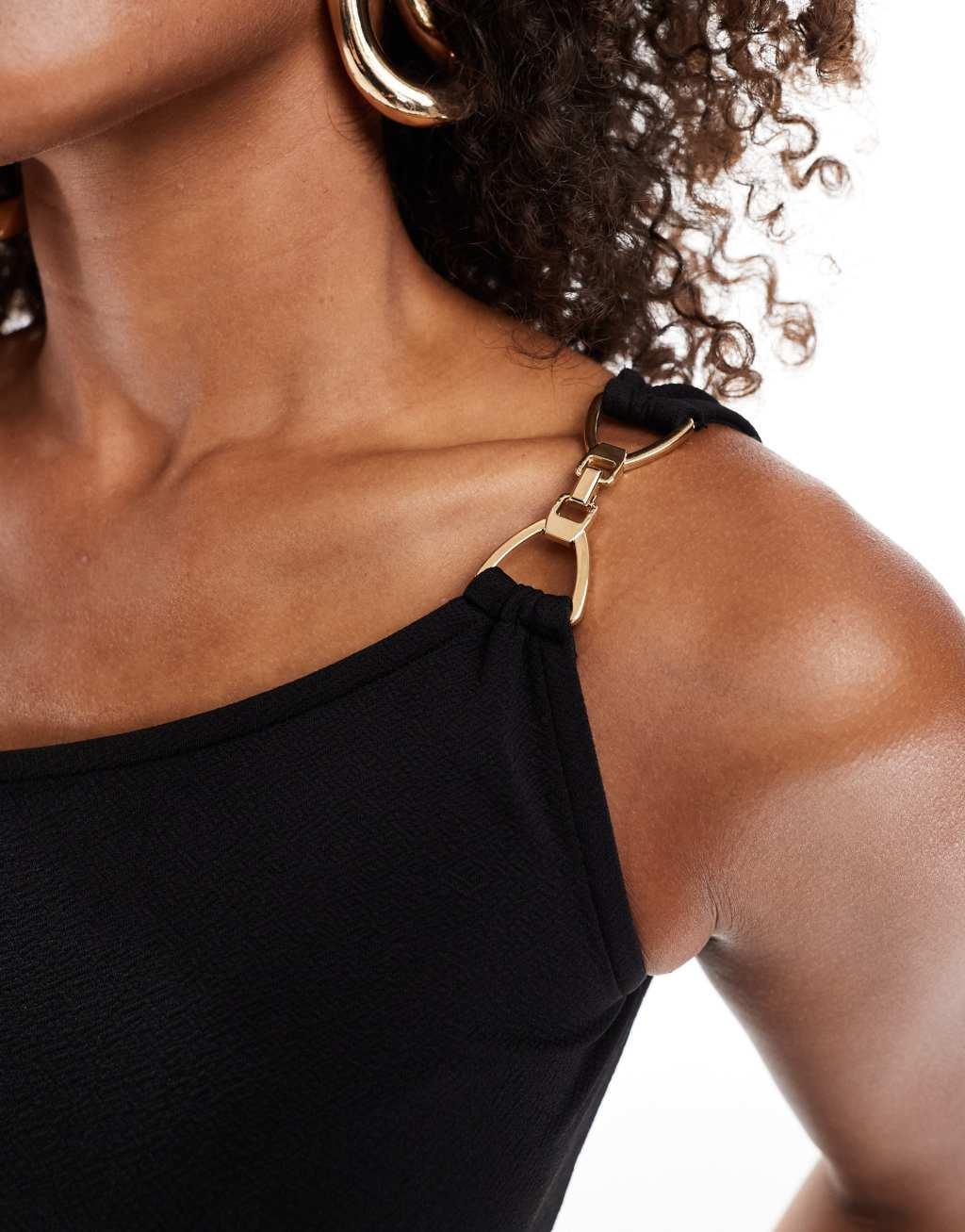 Pieces one-shoulder gold buckle detail top in black - part of a set Product Image