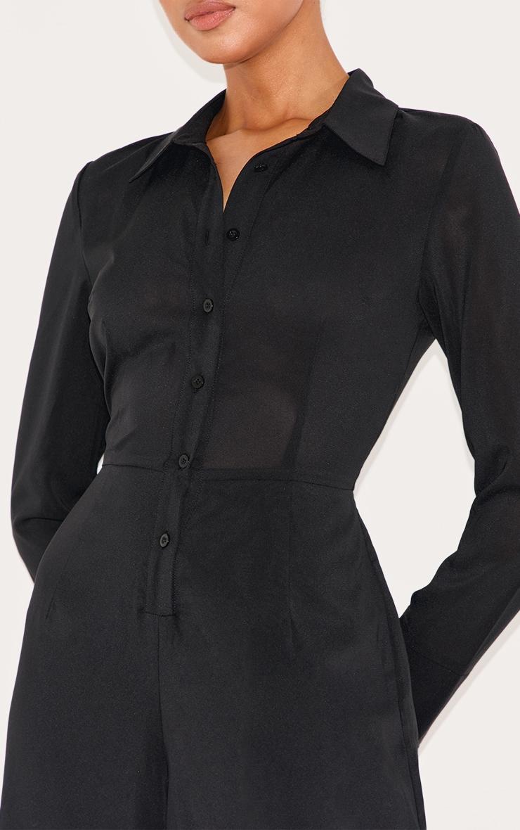  Black Chiffon Long Sleeve Cinched Wide Leg Jumpsuit Product Image