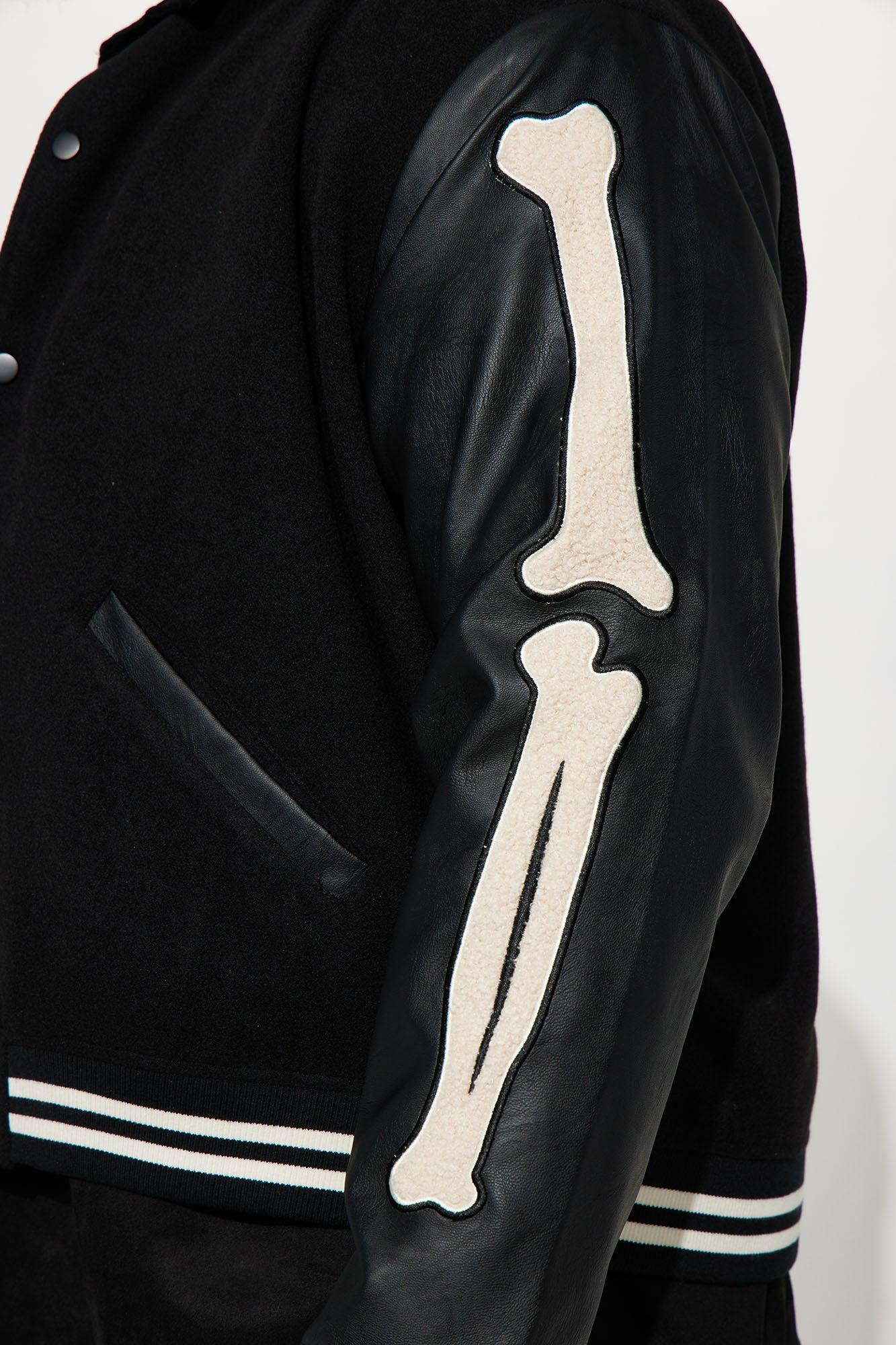 Bone Applique Varsity Bomber Jacket - Black Product Image