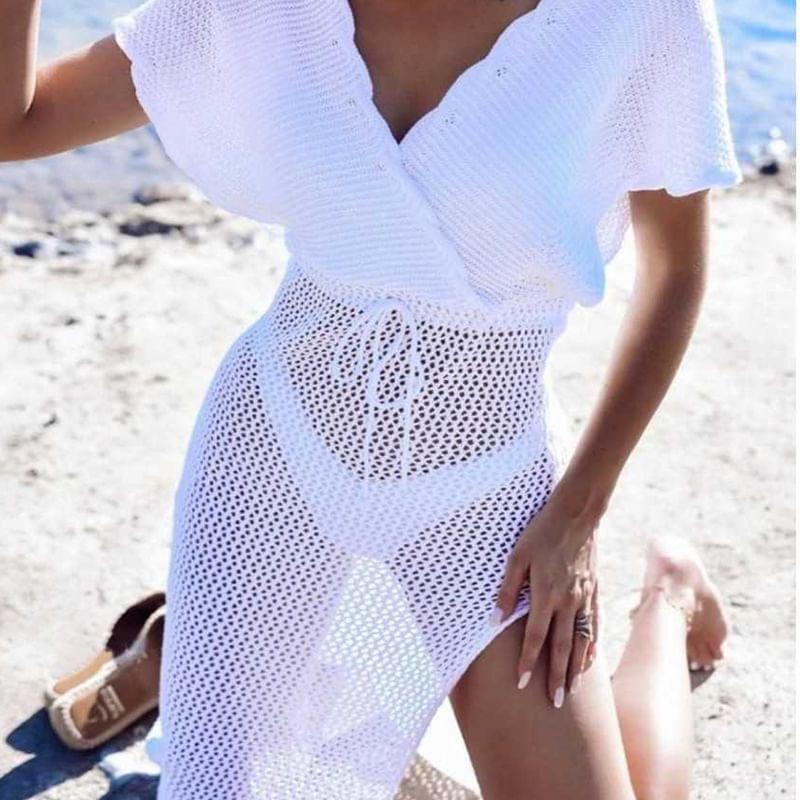 Short-Sleeve V-Neck Plain Perforated Slit Midi Cover-Up Dress Product Image