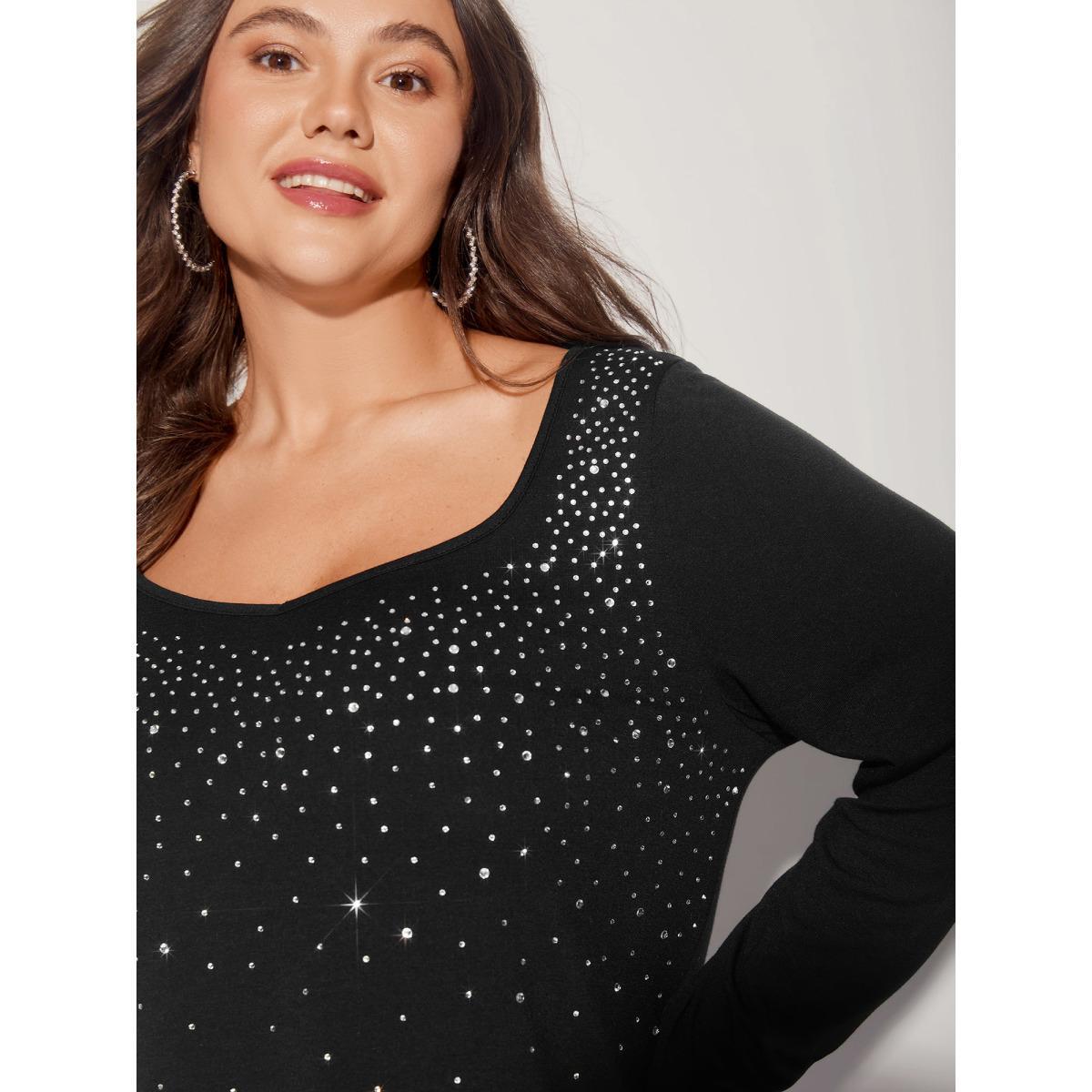 Plus Size Sequin Stretchy Long Sleeve T-shirt Black Women Timeless Rhinestone detailing Heart neckline Elegant T-shirts BloomChic 22-24/3X Product Image