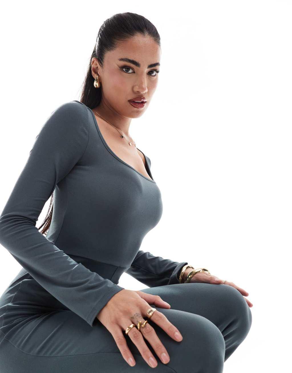 Fashionkilla super-soft off square neck long sleeve unitard in charcoal Product Image