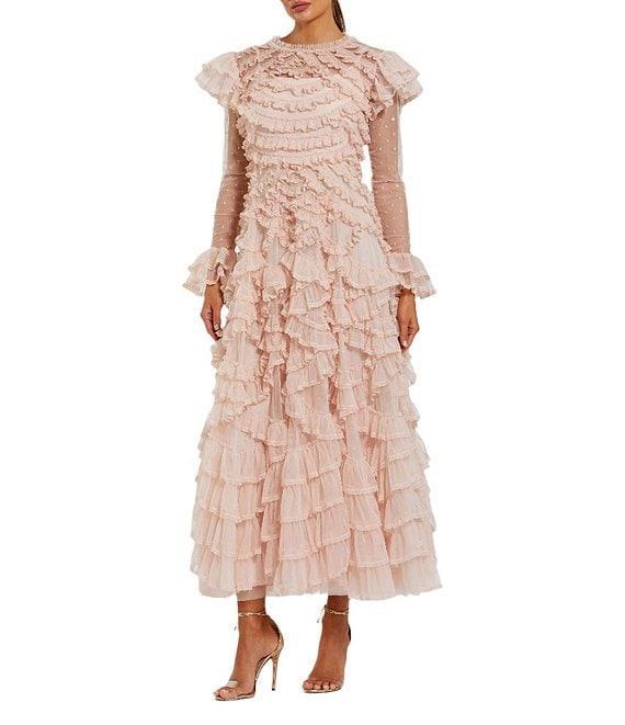 Mac Duggal Crew Neck Illusion Long Sleeve Dotted Mesh Micro Ruffle A-line Midi Dress Product Image