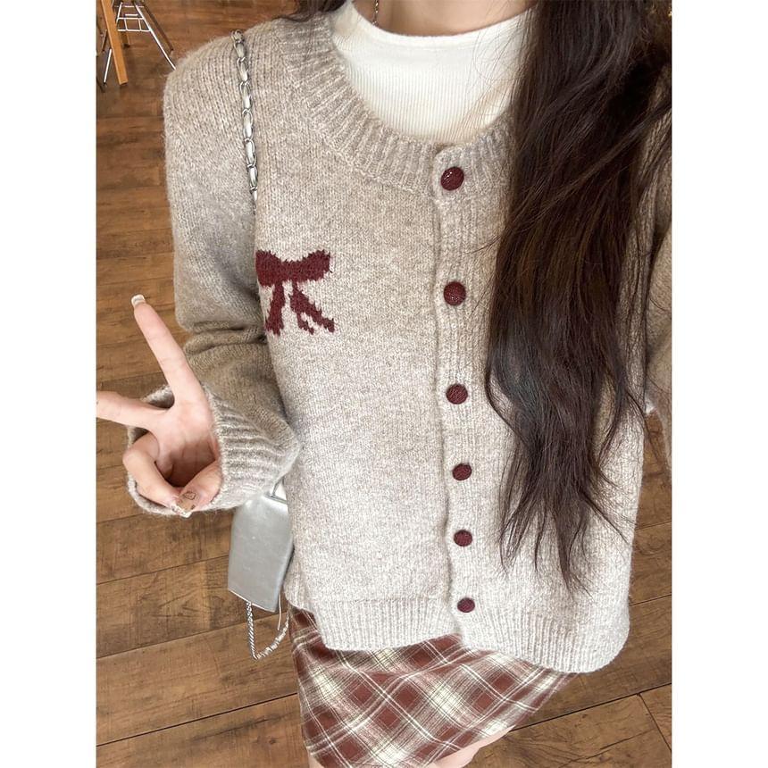 Crew Neck Bow Print Button-Up Cardigan Product Image