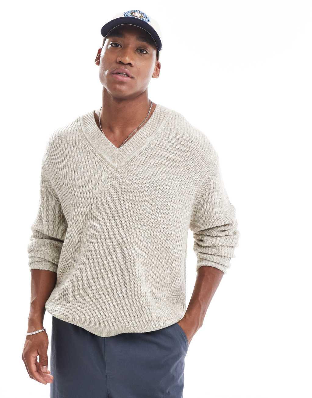 ASOS DESIGN knitted oversized fisherman rib v-neck sweater in oatmeal twist Product Image