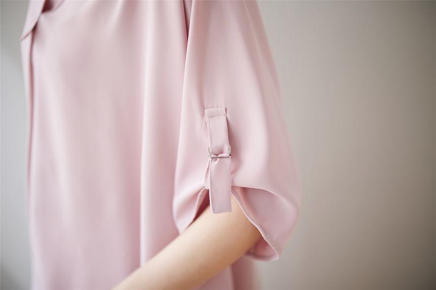 Elbow-Sleeve Collared V-Neck Plain Blouse Product Image